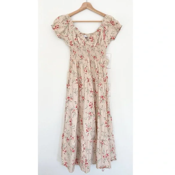 WeWoreWhat || Puff Sleeve Smocked Midi Dress in Dainty Floral Almond Milk Small - Picture 2 of 11